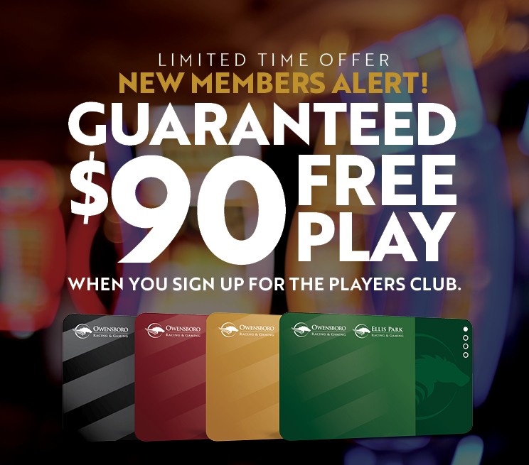 *Offer valid for new and existing members on their first trip to Owensboro Racing and Gaming. Offer must be claimed on separate gaming days within 28 days of enrollment. Maximum of 5 total spins. Free Play is valid for 7 days after it has been downloaded and can be redeemed at any gaming machine. Offer expires end of 2025. Only valid at Owensboro Racing & Gaming.